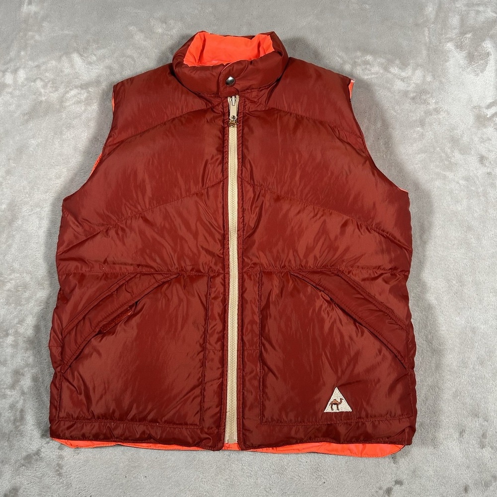 Vintage Camel Reversible Puffer Vest Mens M Red Orange Goose Down Feathers Korea